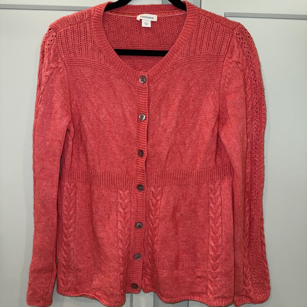 Sundance Tight Weave Cable Knit Villa Cardigan Coral Wool Alpaca Blend Large